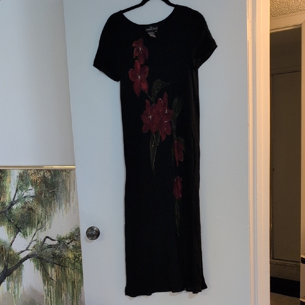 Carole Little Black Dress with Red Floral Design